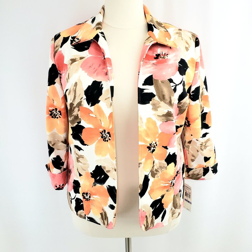 Alfred Dunner Stretch Blazer Size 18 Orange Floral Open Front 3/4-Sleeve Lined